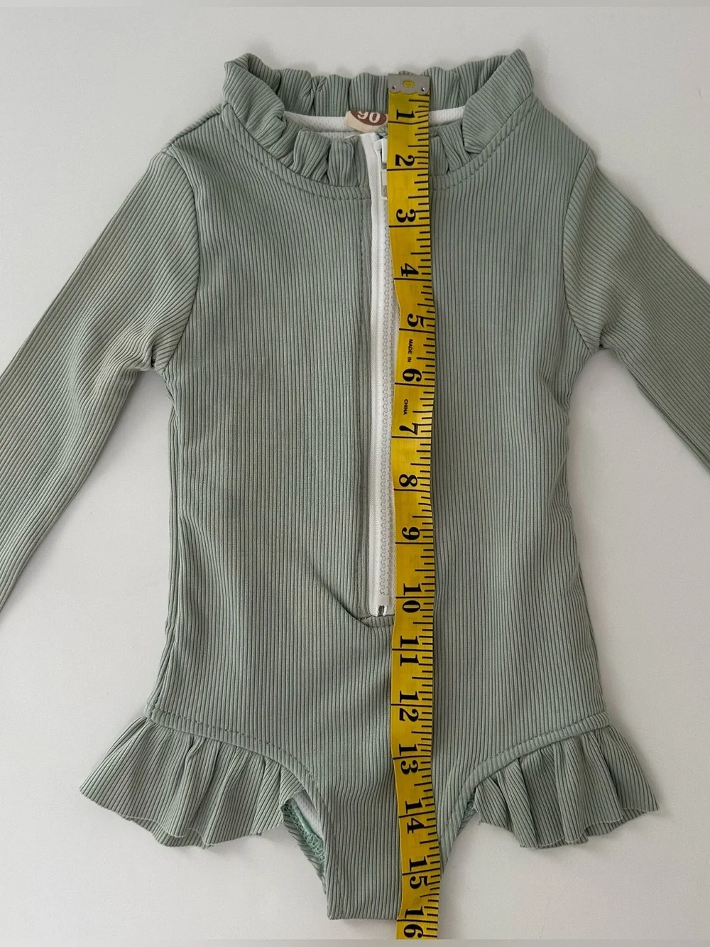NWOT Baby Girl Long-Sleeve Sage Green‎ Ruffle Swim Rashguard One-Piece